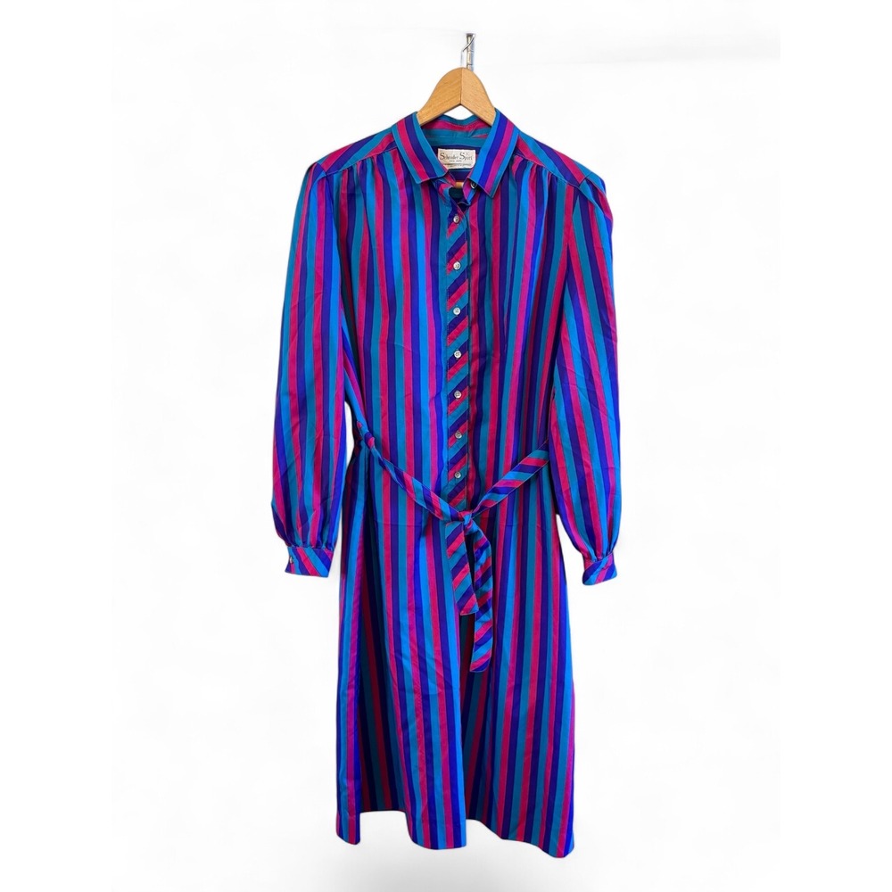 Vintage Schrader Sport 80's Striped Button Front Colorful Midi Shirt Dress Sz 8